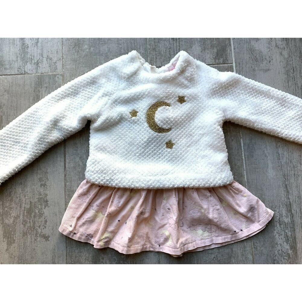$60 ISAAC MIZRAHI Toddler Girls Sweater Fleece White Tunic Top Moon & Stars 3T
